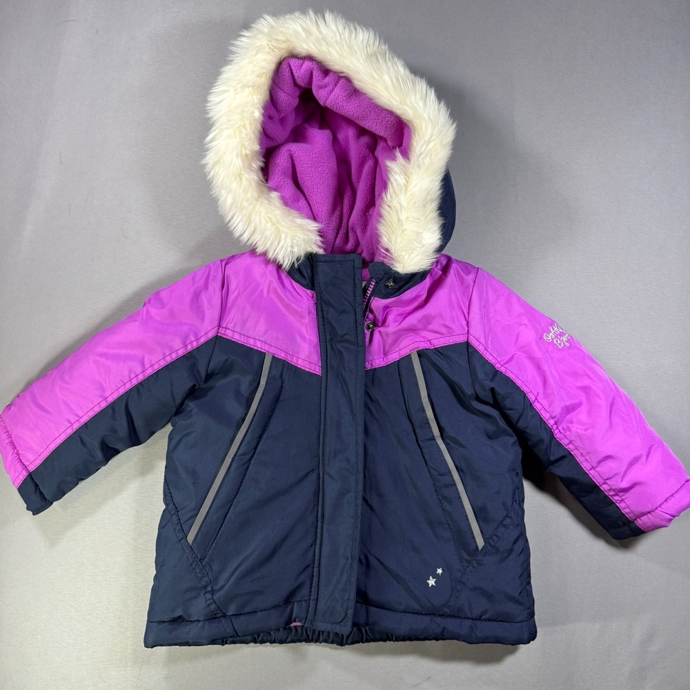 OshKosh B'gosh Girls 2T Winter Jacket Navy Pink Faux Fur Hood Fleece Puffer